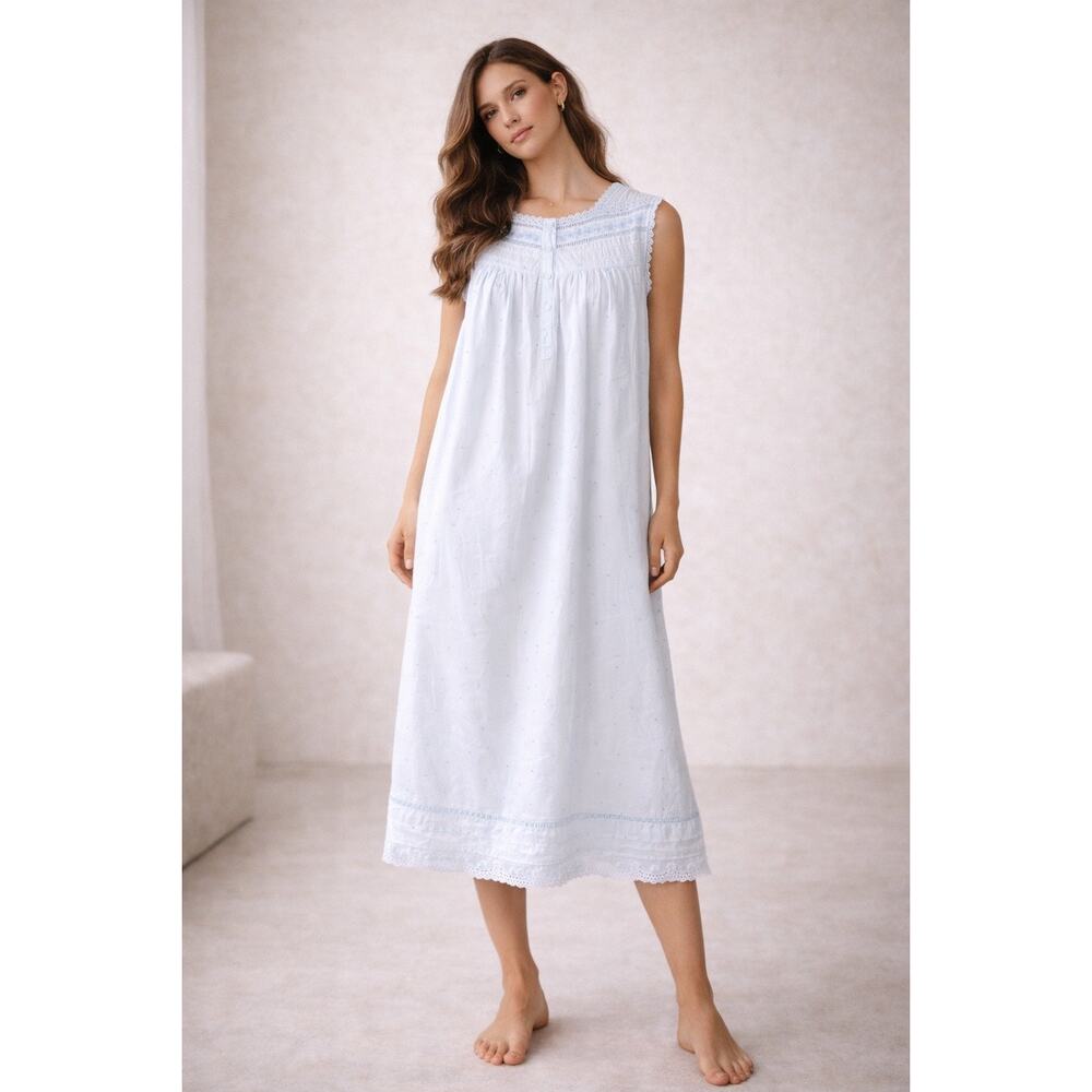 Erika Taylor Blue Swiss Dot Cotton Nightgown Large Ballet Prairie Cottagecore
